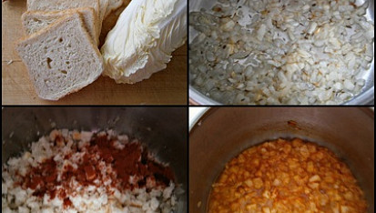Polévka z čínského-pekingského zelí s míchanými špekovými vejci, Na oleji s kmínem orestujeme cibuli,přidáme chleba,papriku a osmahneme.Podlijeme vodou