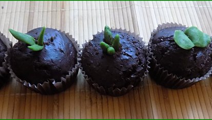 Čokoládové muffiny s kandovaným pomerančem a "jarním" zdobením