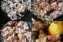 Na oleji orestujeme nakrájený bok,cibuli a česnek,přidáme závitky,osmažíme podlijeme a pod pokličkou dusíme.Ke konci přidáme omáčku,česnek,máslo a provaříme
