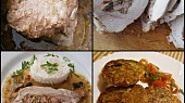 Vepřová plec plněná, v papiňáku dušená, Měkké maso vytáhneme,nakrájíme na porce,do šťávy dáme odloženou směs,česnek a převaříme.Podáváme s rýží.Ze zbytku náplně usmažíme karbanátky