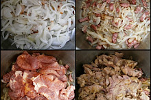 Přidáme nakrájené cibule,orestujeme, přidáme okořeněné maso a necháme zatáhnout