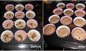 Anglické dortíky cupcakes, čokoládové, Těsto před a po upečení