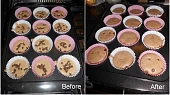 Anglické dortíky cupcakes, čokoládové, Těsto před a po upečení