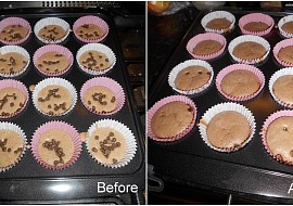 Anglické dortíky cupcakes, čokoládové (Těsto před a po upečení)