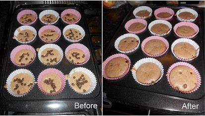Anglické dortíky cupcakes, čokoládové, Těsto před a po upečení