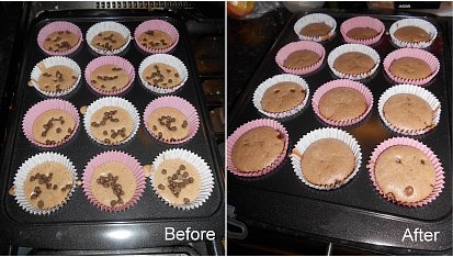 Anglické dortíky cupcakes, čokoládové, Těsto před a po upečení