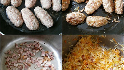 Masové šišky v zeleninovo - vínové omáčce, Masové šišky osmažíme.V kastrolu orestujeme slaninu,přidáme zeleninu a necháme chvilku restovat