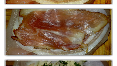 Smažený kuřecí řízek plněný pancettou, sušenou šunkou a goudou, Smažený kuřecí řízek plněný pancettou, sušenou šunkou a goudou
