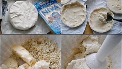 Camembert s chutnou sýrovo - ořechovou náplní, Část použitých surovin.Sýry rozpůlíme,vydlabané vnitřky rozmixujeme s nivou,máslem a smetanou.