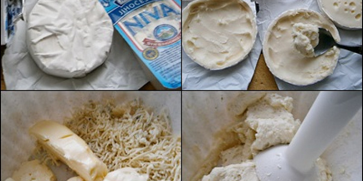 Část použitých surovin.Sýry rozpůlíme,vydlabané vnitřky rozmixujeme s nivou,máslem a smetanou.