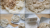 Camembert s chutnou sýrovo - ořechovou náplní, Přidáme nastrouhané ořechy,vidličkou promícháme a naplníme všechny půlky sýrů.Přitiskneme k sobě a zabalené do folie dáme uležet do lednice