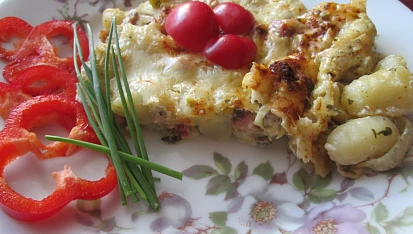 Gnocchi zapečené se smetanou, pórkem a anglickou slaninou