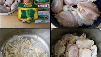 Kuřecí v rajčatovo česnekové omáčce s krupicovými nočky, Část použitých surovin.Odležené okořeněné maso prudce zatáhneme na cibuli s česnekem