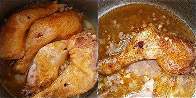 Uzená kuřecí stehna na slanině v papiňáku, Na rozehřátém oleji osmažíme slaninu s cibulí a česnekem,podlijeme vývarem,přidáme stehna a pod tlakem dusíme 5minut.Poté šťávu dochutíme a necháme převařit