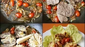 Hovězí vařené, pod čepičkou dušené, Poklademe půlkami rajčátek,položíme plátky masa,potřeme hořčicí a zasypeme sýrem.Pod poklicí dusíme do roztavení sýra.