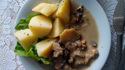 Vepřové kotlety na houbách s rýží čtyř barev, Včerejší kotleta na houbách, ale místo brevné rýže byly brambory a salát.