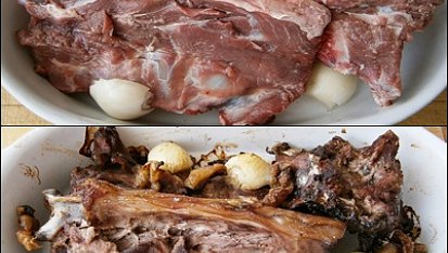 Vývar z kančích opečených kostí, s masovými knedlíčky z papiňáku