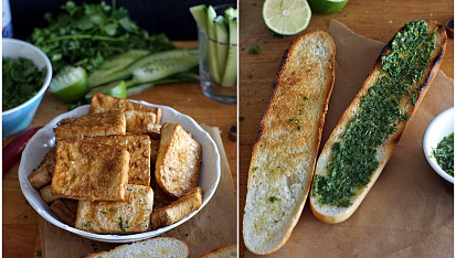 Bánh mì s pečeným tofu, koriandrem a nakládanou zeleninou