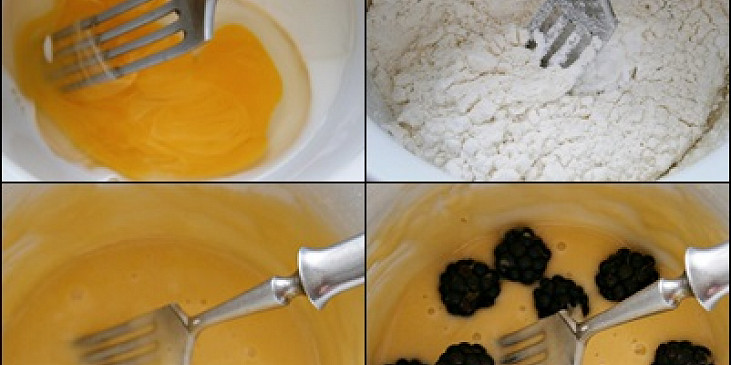 Vidličkou prošleháme vejce, mléko a olej.Přidáme mouku s cukrem a solí,prošleháme a vmícháme ostružiny