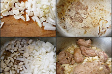 Nakrájíme cibuli a zbytek čeneku,ve výpeku orestujeme,vložíme maso a podlijeme