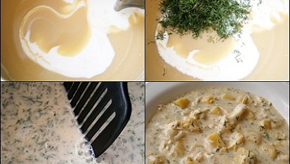 Koprová polévka bez mouky, Naředíme,přidáme kopr,uvedeme k varu a vmícháme vejce.Přidáme na prohřátí zbytek brambor a dochutíme