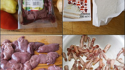 Kuřecí játra na smetaně se slaninou a  čerstvou paprikou, Část použitých surovin.Osmažíme slaninu
