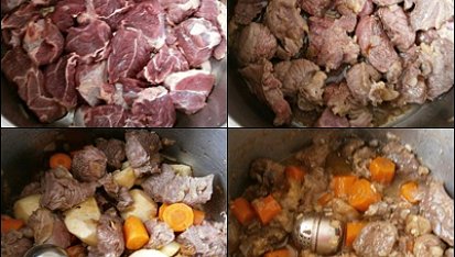 Hovězí kližka na jablku a mrkvi, dušená v papiňáku, Na orestované cibuli osmažíme maso,přidáme všechny uvedené suroviny a pod tlakem dusíme 35 minut