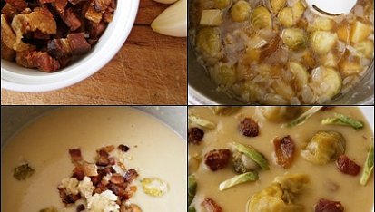 Kapustová krémová polévka s osmaženou uzeninou, Poté ponorným mixérem rozmixujeme,naředíme na požadovanou hustotu,přidáme česnek a osmaženou uzeninu a necháme projít varem.