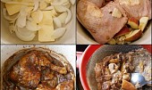 Kuře na jablku a voňavém koření, Na dno pekáčku dáme plátky másla,nakrájený česnek a cibuli.Přidáme jablka,koření,maso,podlijeme a upečeme.Šťávu vlijeme do síta