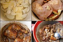 Na dno pekáčku dáme plátky másla,nakrájený česnek a cibuli.Přidáme jablka,koření,maso,podlijeme a upečeme.Šťávu vlijeme do síta