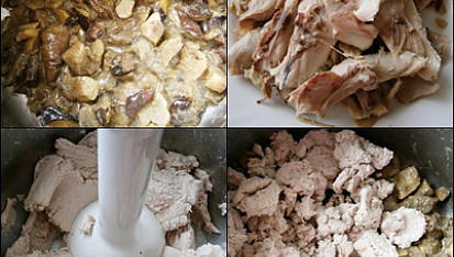 Kuřecí maso"hašé" s hříbky, Hříbky podusíme,uvařené maso rozmixujeme a vše smícháme dohromady.Podle potřeby malinko naředíme,dochutíme a prohřejeme
