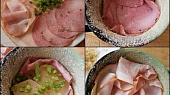 Smažený sýr z mikrovlnky, plněný tvarůžky a uzeninou, Část uvedených surovin.Hrnek vymažeme,vysypeme a poklademe uvedenými surovinami