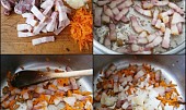 Telecí líčka na slanině, Na rozehřátém másle osmažíme slaninu s kmínem. Přidáme mrkev, česnek a cibuli a restujeme 4minuty