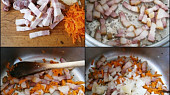 Telecí líčka na slanině, Na rozehřátém másle osmažíme slaninu s kmínem. Přidáme mrkev, česnek a cibuli a restujeme 4minuty