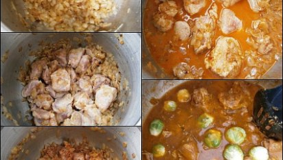 Vepřová plec na cibuli s růžičkovou kapustou, Osmažíme cibuli,přidáme maso,necháme zatáhnout,okořeníme,podlijeme a dusíme.Po 30minutách přidáme kapustičky a dusíme 10minut.Zahustíme a dochutíme