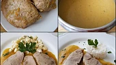 Vepřová plec na slanině a jablku, Měkké maso vyjmeme bokem,šťávu rozmixujeme,dochutíme,zjemníme máslem a provaříme.Podáváme s nočky,hodí se i rýže
