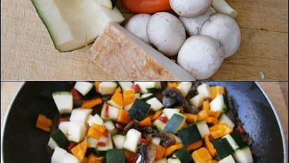 Žampiony na špeku,s cuketou a paprikou/druhá verze s míchanými vejci, Část použitých surovin+postup