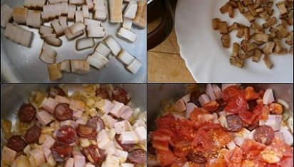 Zeleninový guláš s uzeninou a fazolí, vyškvařený špek odložíme stranou,orestujeme cibuli s česnekem,přidáme uzeninu a osmažíme.Poté přidáme rajčata