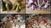 Kuřecí žaludky se znojemskou příchutí, Okurky nakrájíme,žaludky očistíme a větší kusy překrojíme.Orestujeme bůček,cibuli s česnekem a bobkovým listem