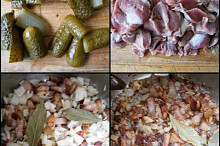 Okurky nakrájíme,žaludky očistíme a větší kusy překrojíme.Orestujeme bůček,cibuli s česnekem a bobkovým listem