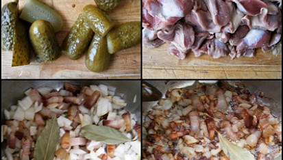 Kuřecí žaludky se znojemskou příchutí, Okurky nakrájíme,žaludky očistíme a větší kusy překrojíme.Orestujeme bůček,cibuli s česnekem a bobkovým listem