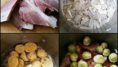 Uzená rychlovka z papiňáku, Maso naporcujeme,zeleninu očistíme.Na oleji orestujeme kmín,cibuli a česnek,přidáme brybory,maso,kapustu,podlijeme a 10minut slabým varem dusíme pod tlakem