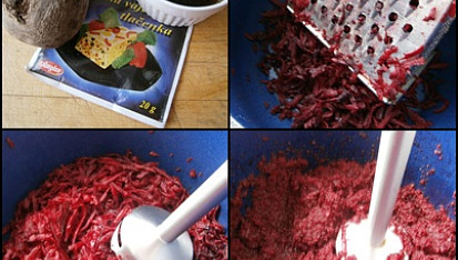 Červená řepa jako chuťovka s cibulí, nebo jako salát, Část použitých surovin.Syrovou řepu oloupeme,nastrouháme a rozmixujeme s ostatními surovinami