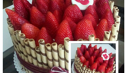 Čokoládový dort s mascarpone krémem a jahodami, Verze s oříškovými trubičkami