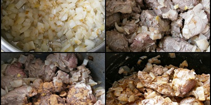 Na orestovanou cibuli s česnekem dáme zatáhnout maso.Zasypeme skořicí,opepříme,promícháme a dáme do PH