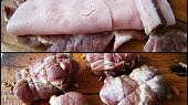 Krkovičkové závitky se zeleninou z papiňáku (Maplněné plátky šunky přehneme,přidáme špalíček bůčku a zavineme do závitků,které omotáme nití)