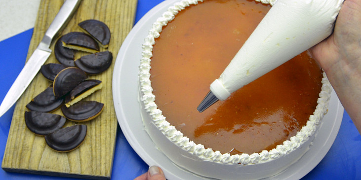 Nepečený jaffa piškotový dort s meruňkovou čokonáplní (Jestliže dort zaujme po vyjmutí z ráfku pohledným…)