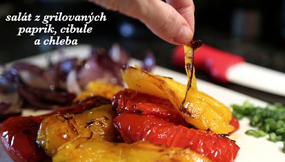 Salát z grilovaných paprik, cibule a chleba, ogrilované papriky nechte chvilku zapařit třeba v sáčku a pak půjdou krásně oloupat