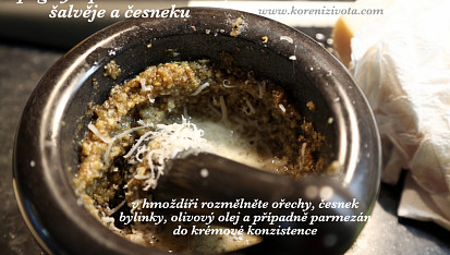 Špagety s pestem z ořechů, šalvěje a česneku