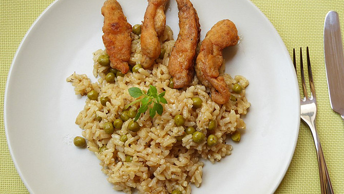 Hráškové rizoto s kuřecími hranolky, Hráškové rizoto s kuřecími hranolky